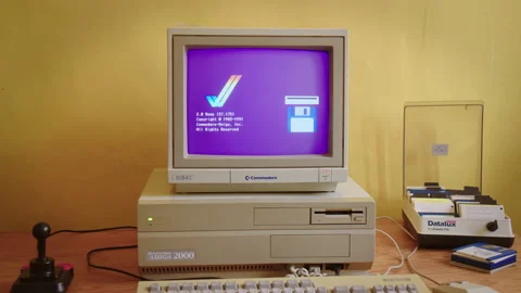 Vintage Commodore Amiga Animated Boot Screen on classic Monitor 1084S and Amiga Stock Footage