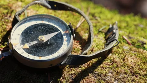 Vintage Compass with Needle Moving on Moss in a Forest Under Sunlight Video stock 306584914