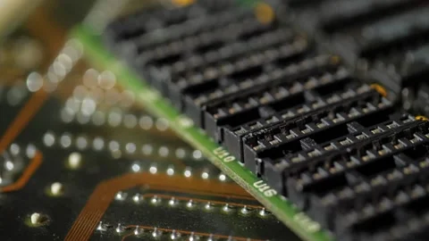 Vintage computer board with sockets for memory expansion close-up Stock Footage 283442601