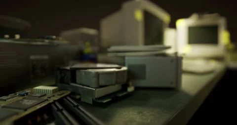 Vintage computer equipment on a cluttered desk during a dimly lit evening Stock Footage 304524947