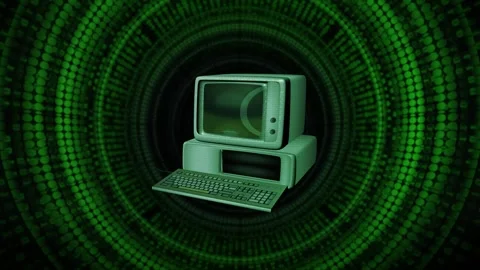 Vintage computer floating in digital tunnel, representing retro technology Video stock 309698460