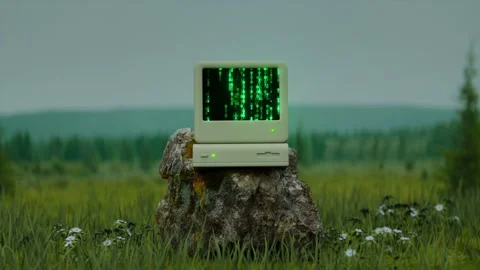 Vintage Computer with Flowing Digital Code in Nature 3D Render Animation Stockbeeldmateriaal 336563362