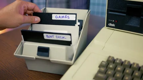Vintage Computer with Games Floppy Disk Stock Footage 283776799