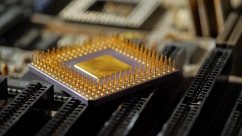 Vintage computer microprocessor lies on the motherboard close-up Stock Footage 283442897
