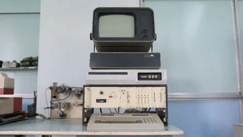 Vintage Computer With Old Crt Screen Stock Footage 98418895