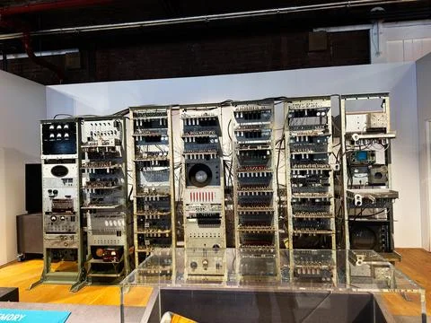 Vintage computer rack and early mainframe electronics on display at a techn.. Stock Photos