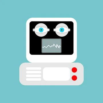 Vintage computer with a screen displaying a stylized face or robot head. Co.. Stock Illustration