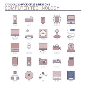 Vintage Computer Technology Icon set - 25 Flat Line icon set Stock Illustration