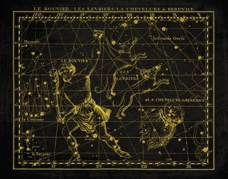 Vintage Constellation Star Map Bootes Canes Venatici Coma Berenices Corona .. Stock Illustration