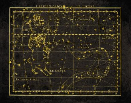Vintage Constellation Star Map Eridanus Orion Lepus Taurus Monoceros Canis .. Stock Illustration