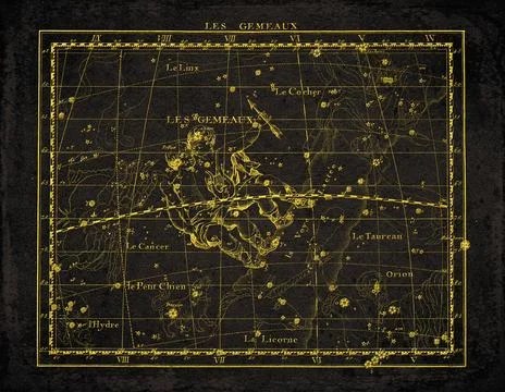 Vintage Constellation Star Map Gemini Canis Minor Hydra Monoceros Stock Illustration