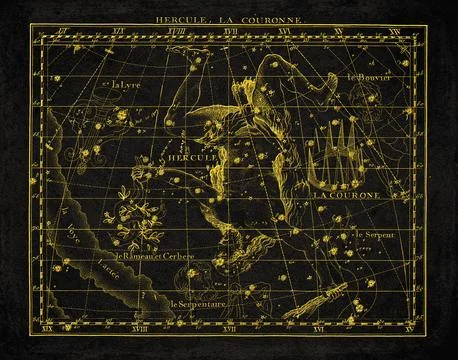 Vintage Constellation Star Map Hercules Corona Borealis Lyra Ophiuchus Stock Illustration