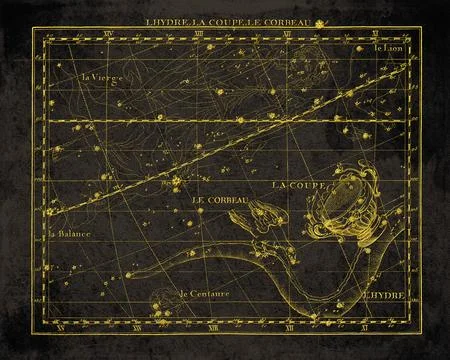 Vintage Constellation Star Map Hydra Crater Corvus Virgo Leo Libra Centaurus Stock Illustration