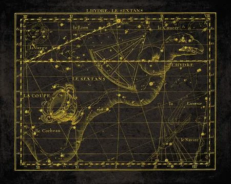 Vintage Constellation Star Map Hydra Sextans Crater Corvus Leo Cancer Monoc.. Stock Illustration