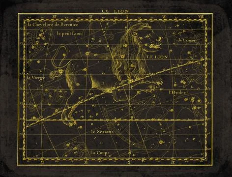 Vintage Constellation Star Map Leo Leo Minor Coma Berenices Virgo Sextans C.. Stock Illustration