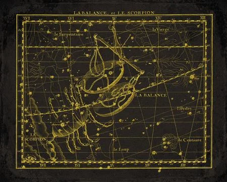 Vintage Constellation Star Map Libra Scorpius Ophiuchus Virgo Lupus Centaurus Stock Illustration