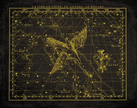 Vintage Constellation Star Map Lyra Cygnus Lacerta Vulpecula Stock Illustration