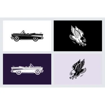 Vintage convertible car and eagle mascot illustrations Stock Illustration