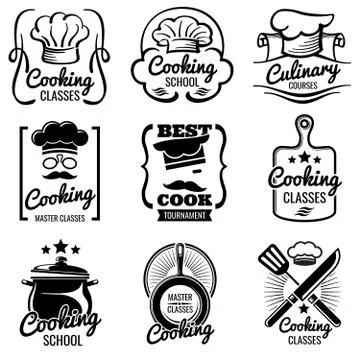 Vintage cooking in kitchen classes vector silhouette labels. Cook workshop Stock Illustration