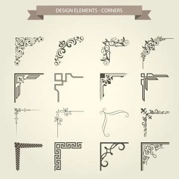 Vintage corner vignettes set - frame border flourish pattern Stock Illustration