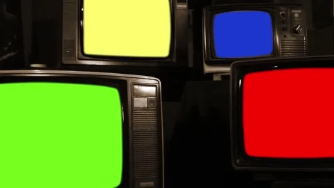 Vintage CRT Stack Turning Off Different Color Screens Zoom Out Stock Footage 100004513