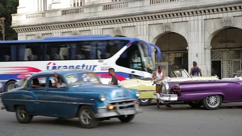 Vintage Cuban cars parked in Old Havana. Stock Footage