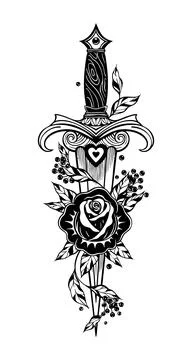 Vintage Dagger Knife Piercing Rose Flower Traditional Tattoo Line Art Stock Illustration