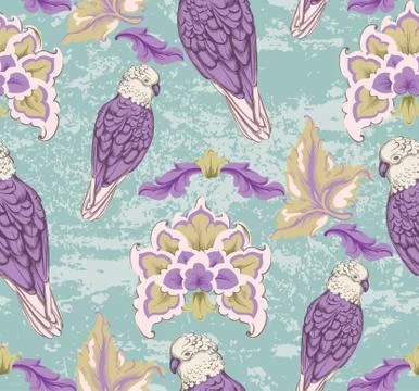 Vintage damask pattern parrot Vector. Old 30s style decoration textures 스톡 일러스트