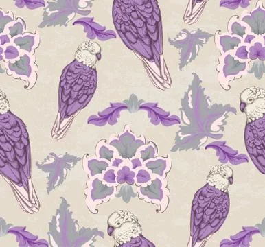 Vintage damask pattern parrot Vector. Old 30s style decoration textures 스톡 일러스트