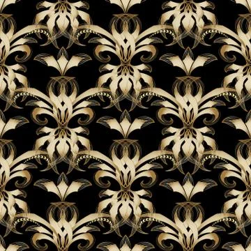 Vintage damask seamless pattern. Vector gold black background with doodle str Stock Illustration