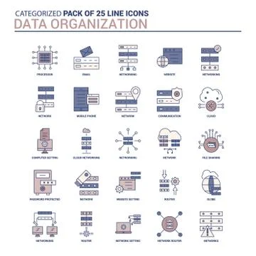 Vintage Data Organization Icon set - 25 Flat Line icon set Illustrazione stock