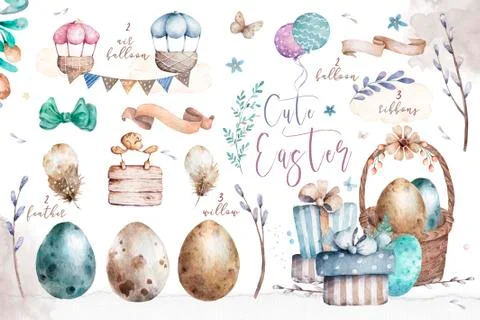 Vintage design elements for the Easter holiday. Easter, eggs, flowers, basket Stock Illustration