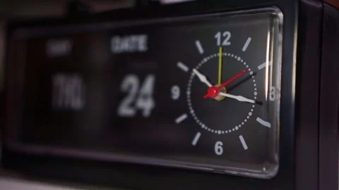 Vintage desk clock with ticking second hand close up, retro flip display Stock Footage 344011339