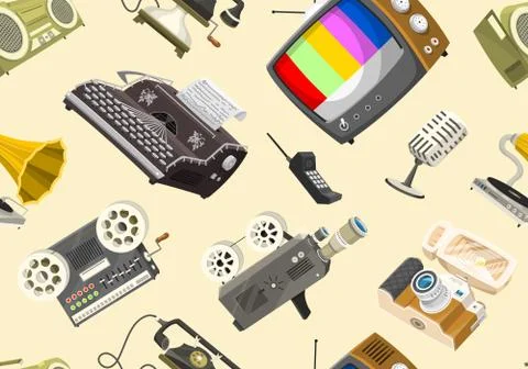 Vintage devices Seamless pattern. Retro tech media, Television tv, Audio radio Stock Illustration
