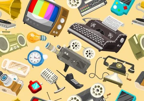 Vintage devices Seamless pattern. Retro tech media, Television tv, Audio radio Stock Illustration