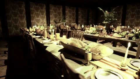 Vintage dinner setting. Elegant oldfashioned dining area with warm lighting Stock Footage 340346971
