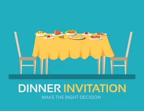 Vintage dinner table with many food in flat design background concept. Icons for Stock Illustration