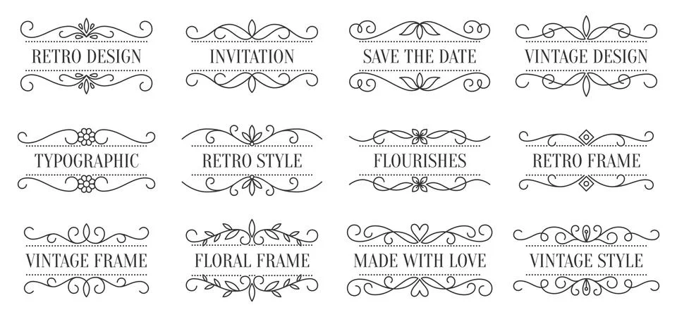 Vintage divider text frame set retro vignette tag Stock Illustration