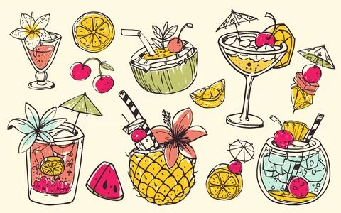 Vintage doodle cocktail, tropical bar sketch print 스톡 일러스트
