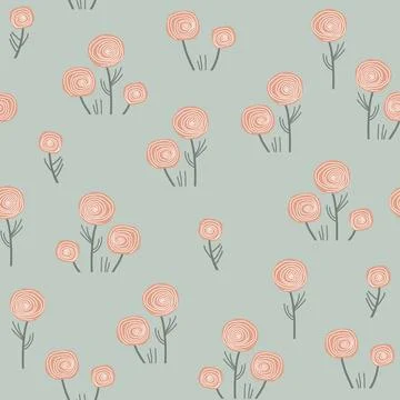 Vintage doodle roses seamless pattern. Pastel pink flowers and lines on blue Illustrazione stock