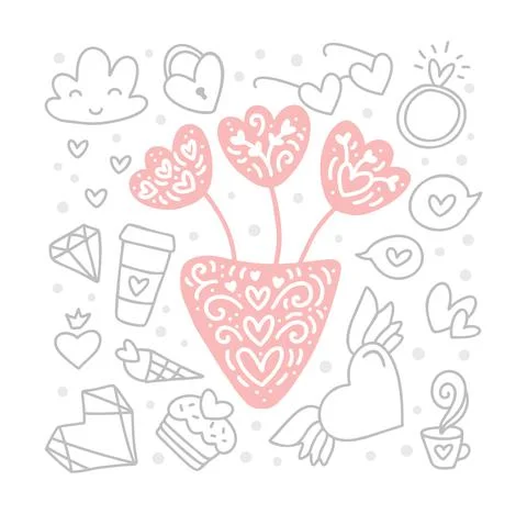Vintage doodle vector elements and vase with flowers in center for Valentines Stock Illustration