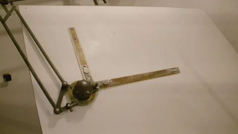 A vintage drafting table with an adjustable metal arm and ruler system Stock Footage 301151022