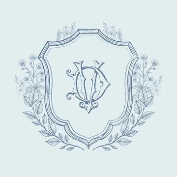 Vintage DV initial monogram with floral wedding crest Stock Illustration