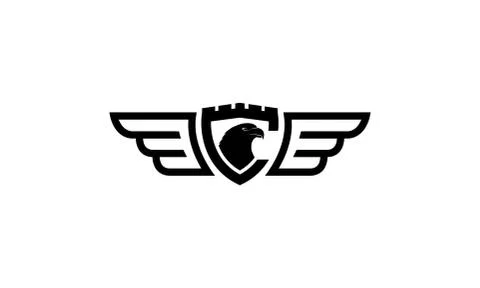 Vintage eagle head on shield  and wings line logo design Stock Illustration