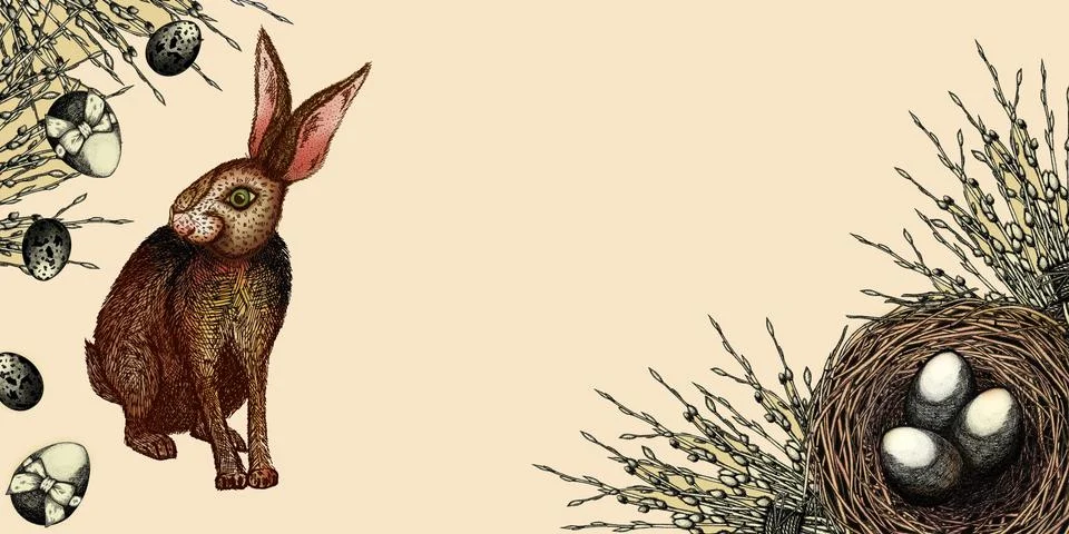 Vintage Easter banner with rabbit, eggs and willow. Eggs in the nest. Sketch for Stock Illustration