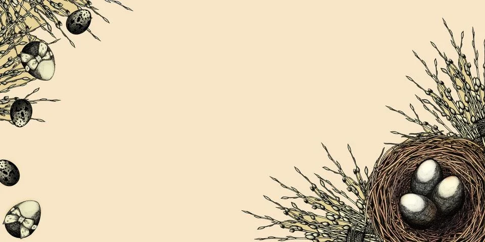 Vintage Easter banner with rabbit, eggs and willow. Eggs in the nest. Sketch for Stock Illustration