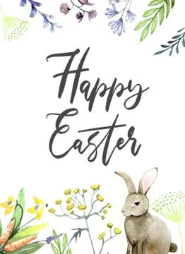Vintage easter bunnies with eggs and willow branches. illustration Illustrazione stock