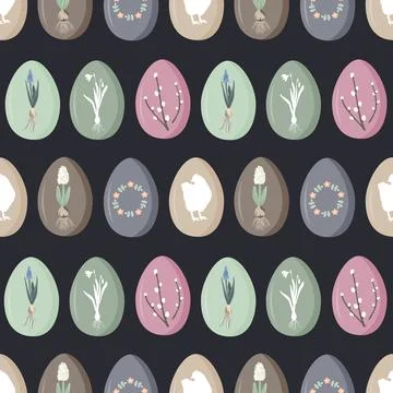 Vintage Easter eggs with spring flowers and symbols on dark background. Spring Stock Illustration