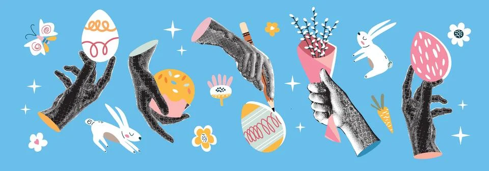 Vintage Easter Scrapbook Collage Vector Banner with Engraved Hands Holding .. Stock Illustration