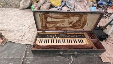 Vintage Electronic Keyboard Synthesizer Inside Custom Wooden Case at Flea Stock Footage 346416630